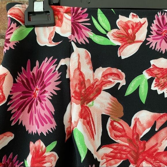 Black, Pink, and Green Vibrant Floral Print A-Line Skirt w/ Zipper and Elastic - Picture 2 of 7
